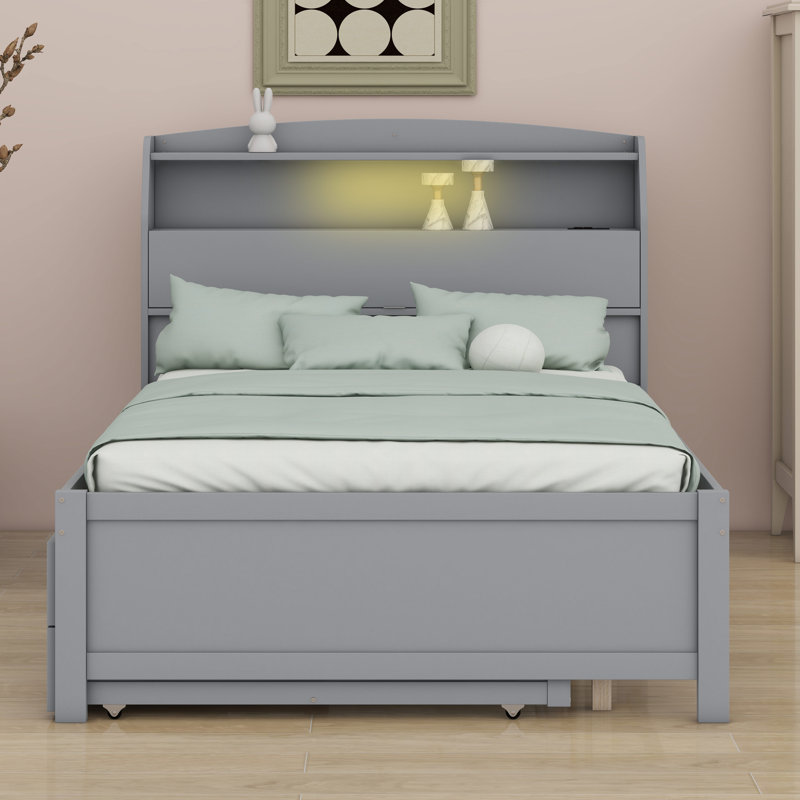 Lit plateforme en bois avec lit gigogne à DEL, Gris