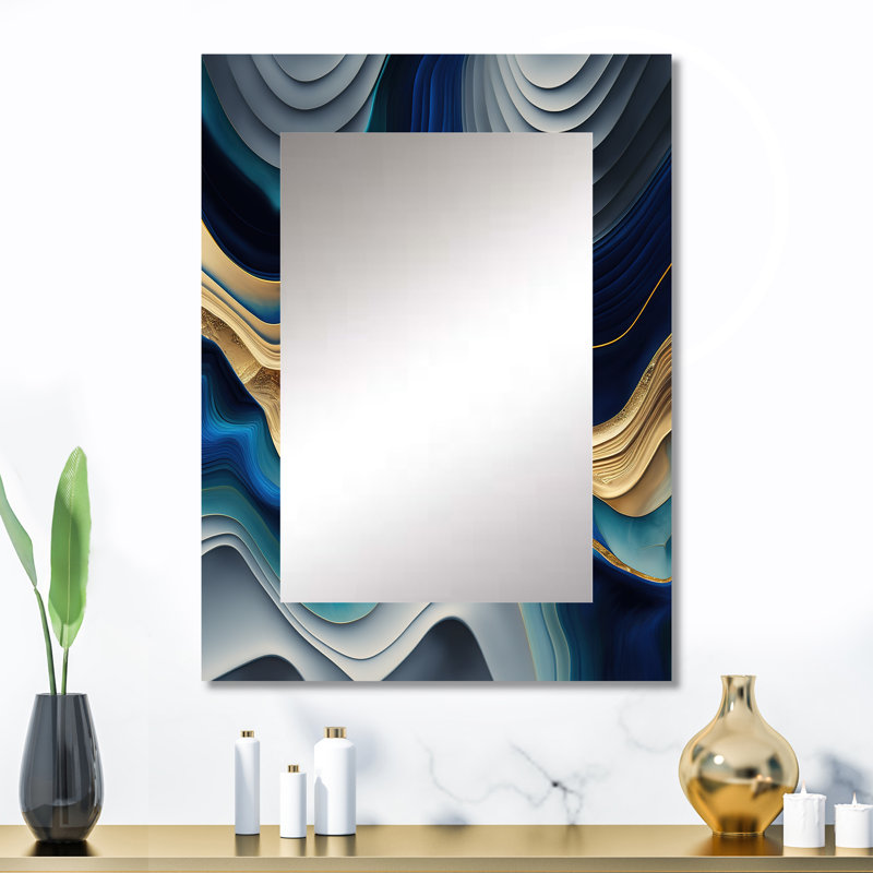 Vibrant Blue And Gold Agate I - Transitional Mirror, Modern Decorative Wall Mirror, Printed Metal Art, 32" x 24"