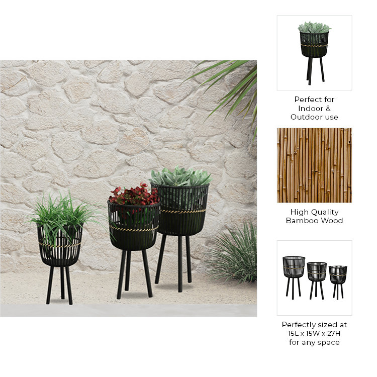 Wicker Modern Boho Bamboo Planter Set Size: 26" H x 15" W x 15" D Color: Black