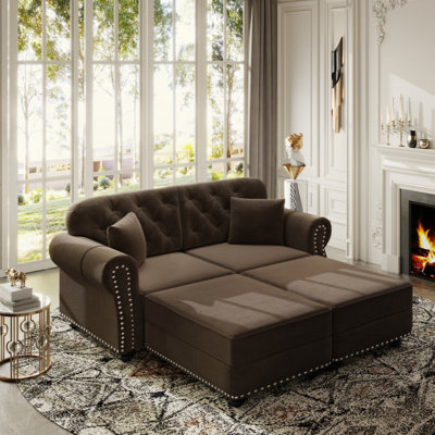 Canapé Chesterfield rembourré en velours avec garniture cloutée et accoudoirs roulés, canapé de style Mid-Century moderne capitonné, comprenant 2 coussins (2 repose-pieds)