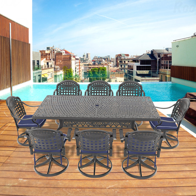 Ensemble de salle à manger 9 pièces en aluminium coulé toutes saisons comprenant 8 chaises pivotantes et une table rectangulaire avec cadre noir