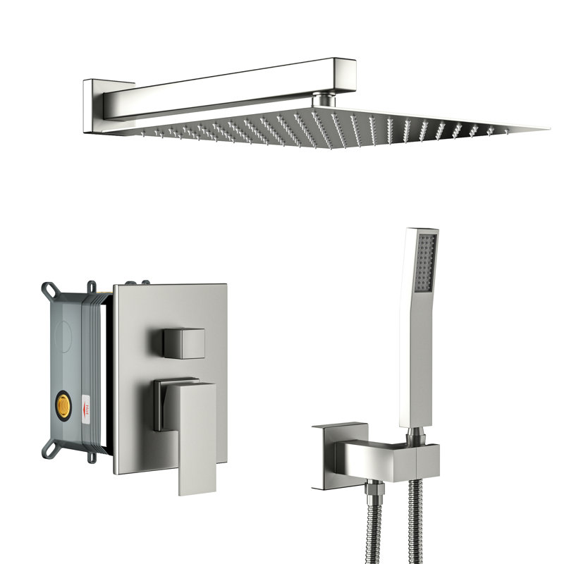 12 Inch Wall Mounted Square Dual Shower With Brushed Nickel Finish, - Scald Valve, Rainfall And Handheld For Comfort Filled Showers System, Balanced 360 Swivel