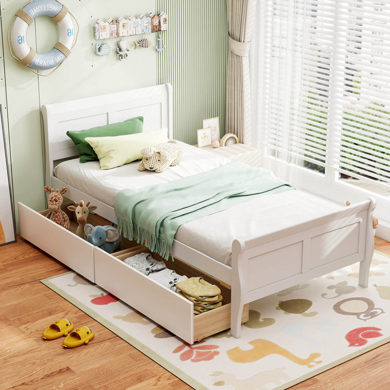 Twin Size Bed Frame With 2 Storage Drawers Wood Platform Bed With Headboard, White, Twin