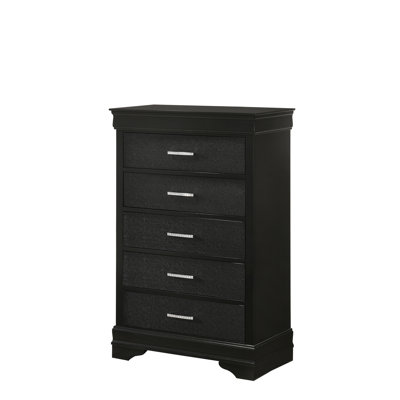 Modern 1pc Black Finish 5-Drawer Tall Chest Wooden Textured Finish Crystal Tufted Handle Furniture