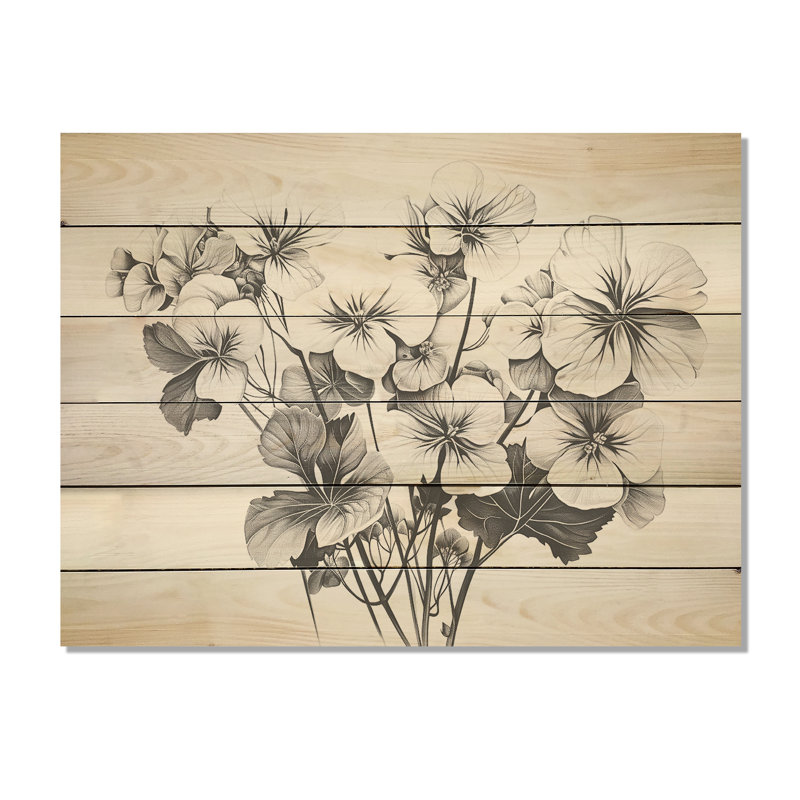 Minimalism Black And White Geraniums - Geraniums Wood Wall Art On Natural Pine Wood, 30" H x 40" W