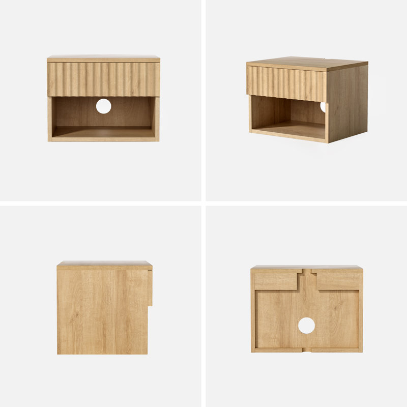 Drawer Wall-Mounted Nightstand With Open Cubby, Oak, Set of 2