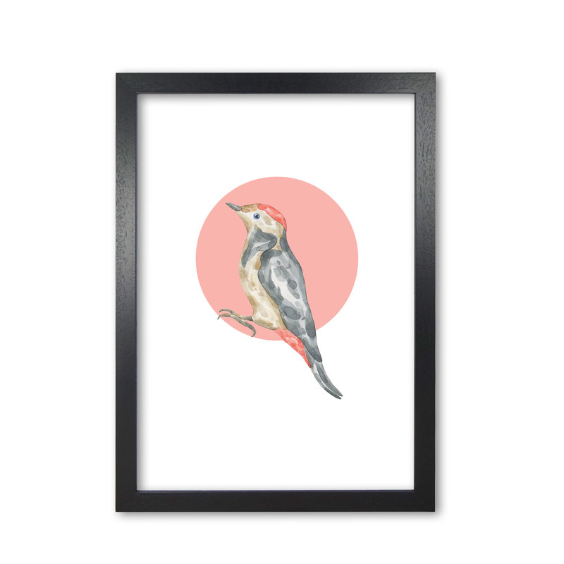 Watercolour Bird With Red Circle - Painting, Black Grain Frame, 30 cm H x 21 cm W x 5 cm D