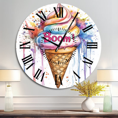 Ice Cream Cone Boom! - Pink Retro Metal Wall Clock