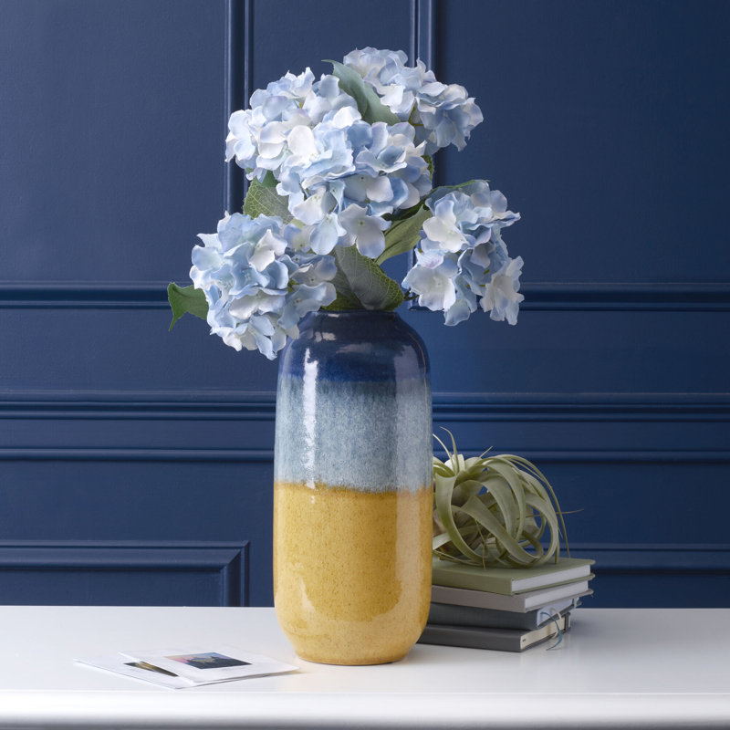 Blue and Tan Round Ceramic Table Vase