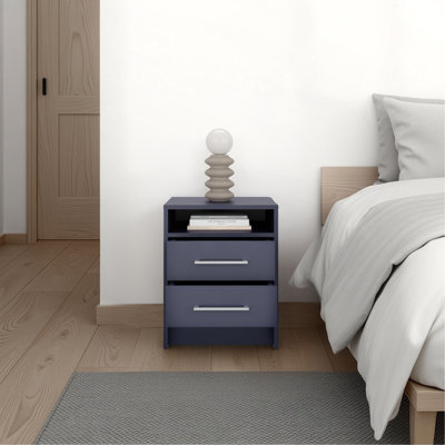 Table de chevet Eter de style moderne minimaliste, tablette supérieure supérieure, une tablette de rangement ouverte et deux tiroirs, chêne clair, bleu