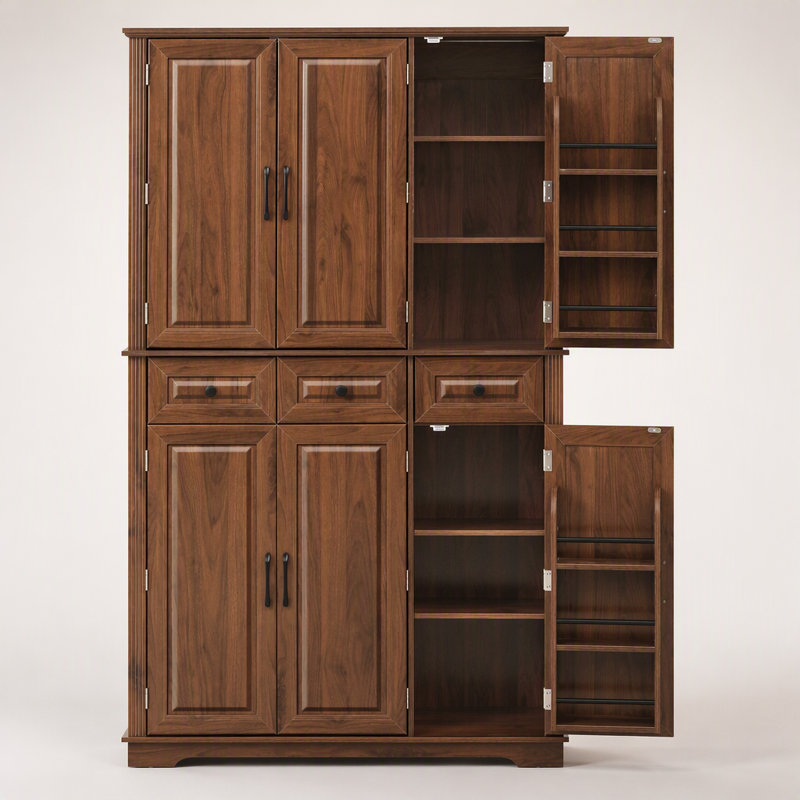 Armoire de cuisine de style champêtre de 183 cm de hauteur avec 3 plateaux coulissants et 6 tablettes de porte pour un rangement et une organisation efficaces