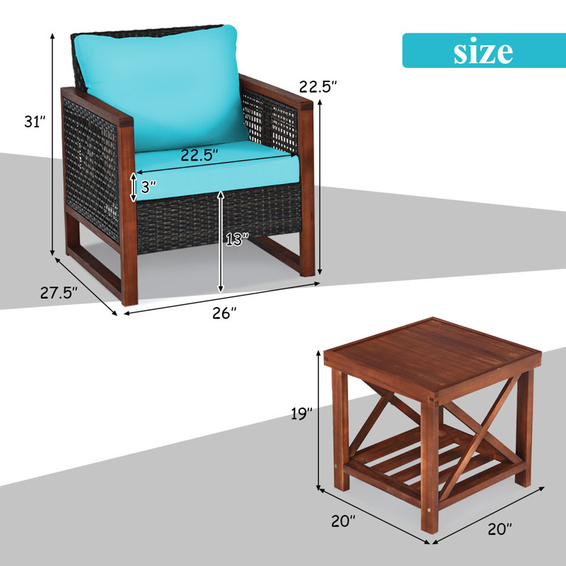 Oxford Outdoor 3 Pieces Acacia Wood Patio Furniture Set with Coffee Table, Turquoise