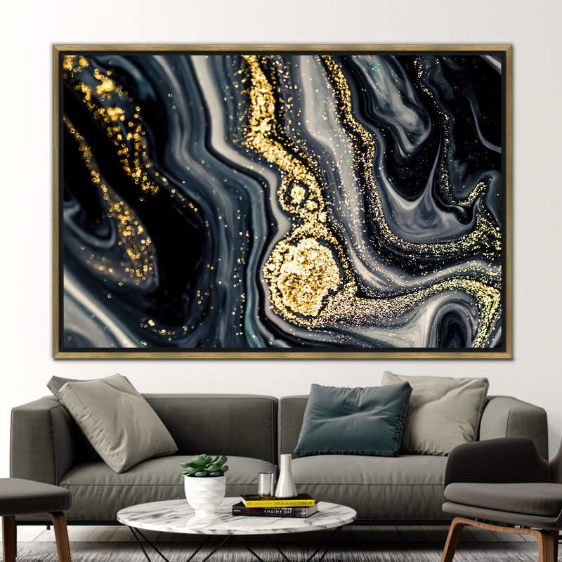 Modern Marble Abstract Canvas Art - Luxury Shimmering Contemporary Wall Decor, Framed Print without Mat, Gold