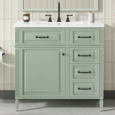 Meuble-lavabo de 36 pouces avec comptoir en céramique, structure en bois massif et armoire en panneau de fibres à densité moyenne, tiroir rabattable avec tablette réglable et poignées en métal, armoire de rangement autoportante (robinet non inclus)