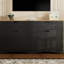 Meuble télé 70 po avec poignées rustiques, 2 tiroirs de style, tablettes réglables et armoire de rangement en grain de bois noir, rétro, compatible
