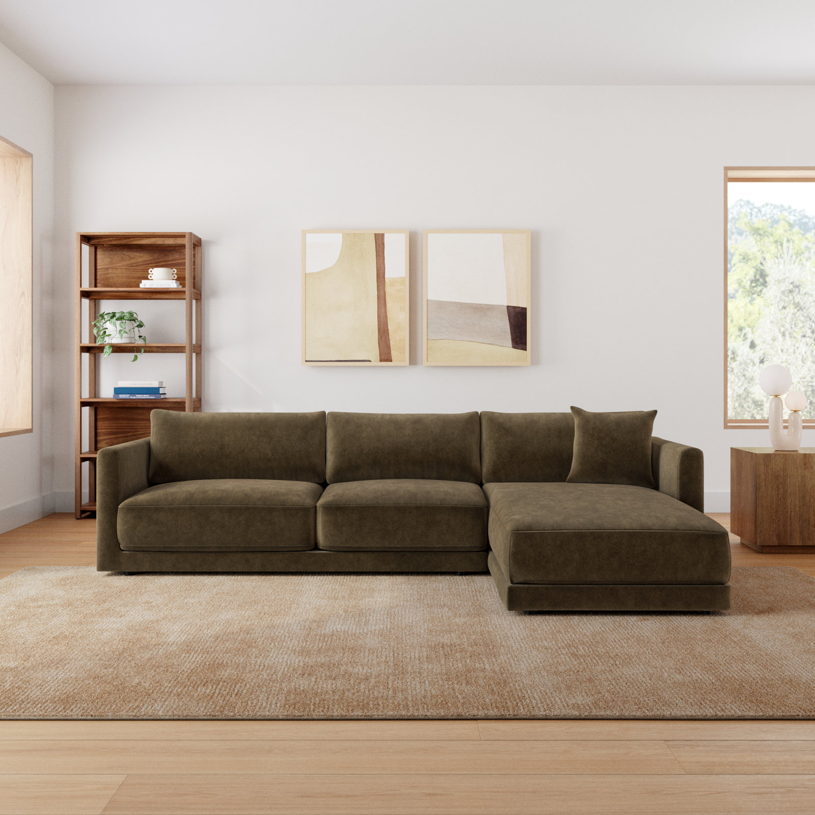 Vervino Sectional, Moss Olive Green Performance Chenille, Right Hand Facing