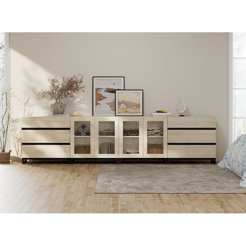 Commode 4 en 1 moderne avec portes en verre et 6 tiroirs, armoire de rangement avec tablettes réglables, commode pour chambre à coucher
