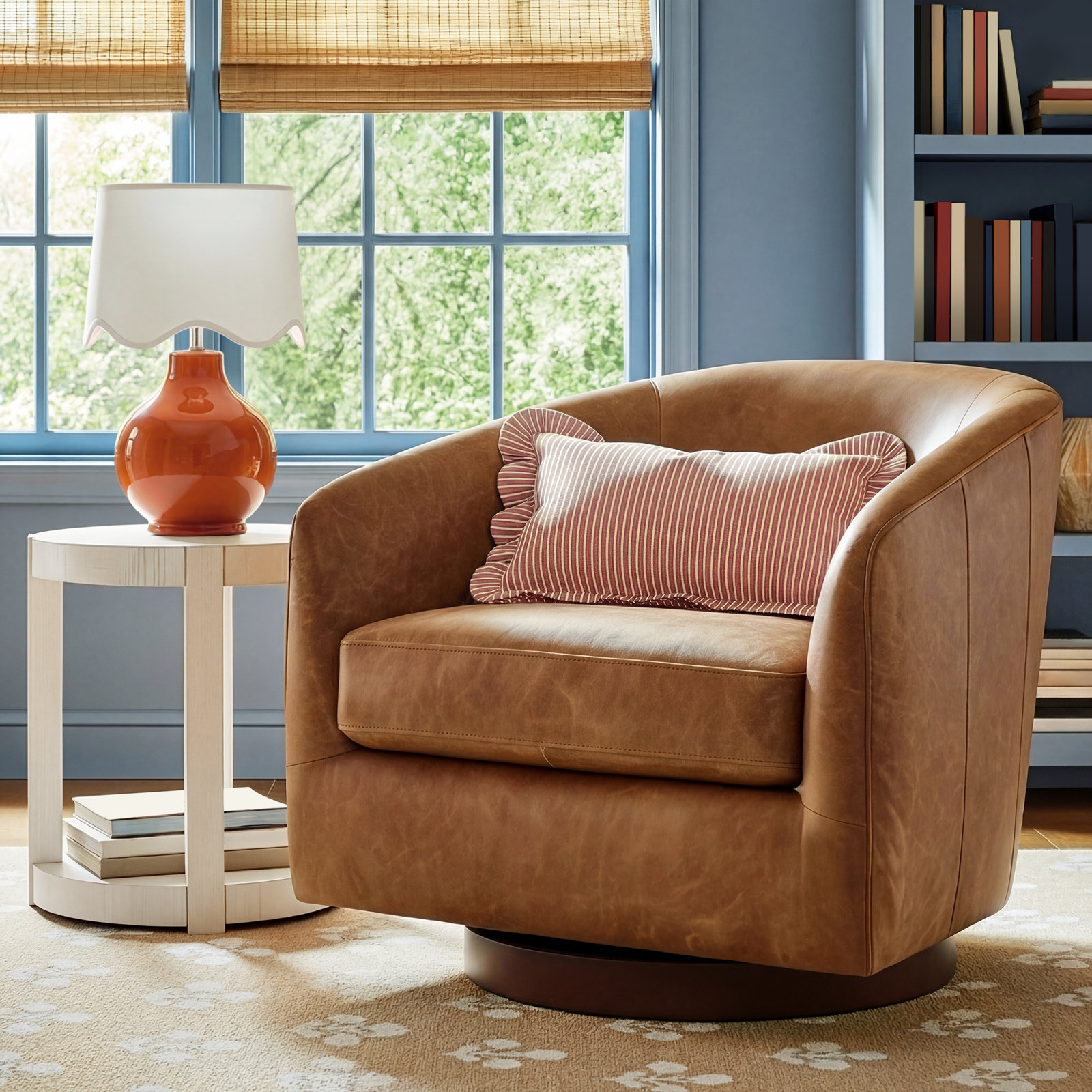 Bennett Genuine Leather Swivel Barrel Chair, Marseille Brown Genuine Leather