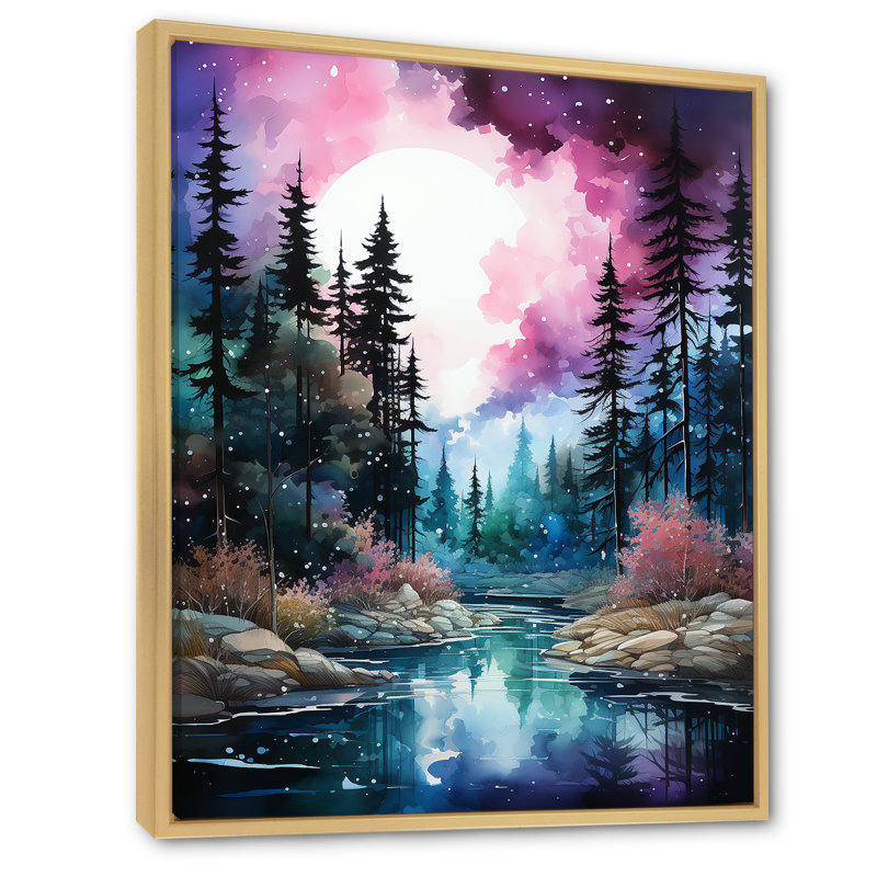 Aurore boréale, paysage aquarelle, H 44 po x l 34 po x P 1,5 po, Cadre naturel flottant