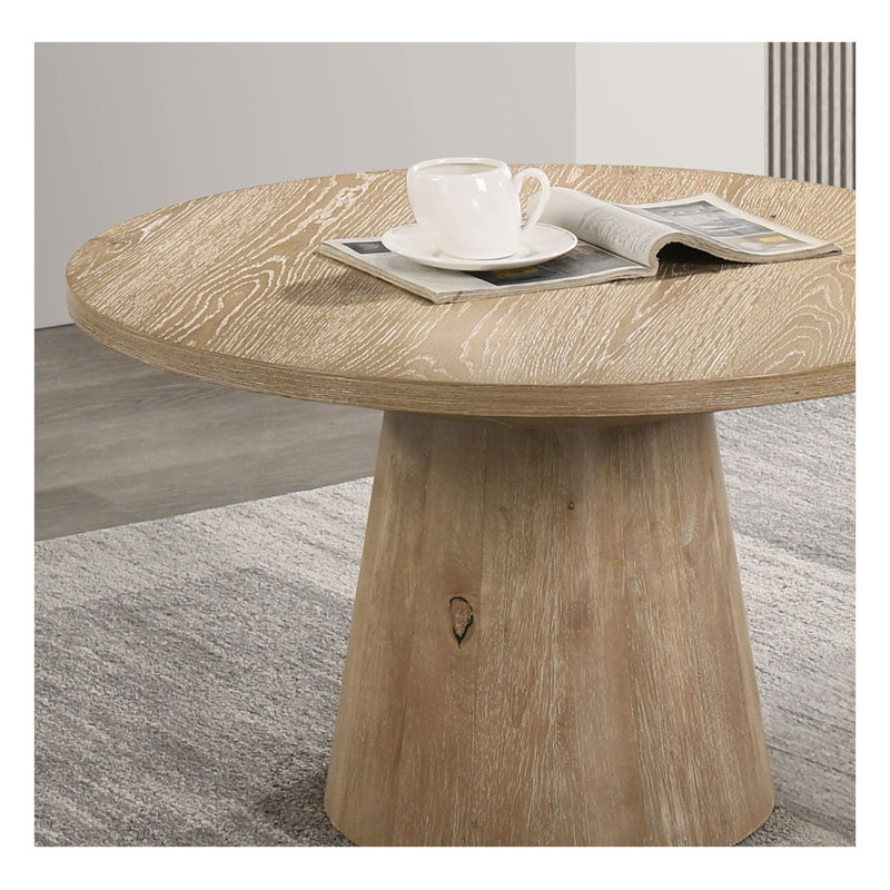 Contemporary Round Coffee Table with Cone-Shaped Pedestal Base in Oak Finish