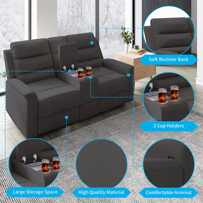 Causeuse inclinable à accoudoirs évasés 71,3 po, Mélange de lin gris foncé