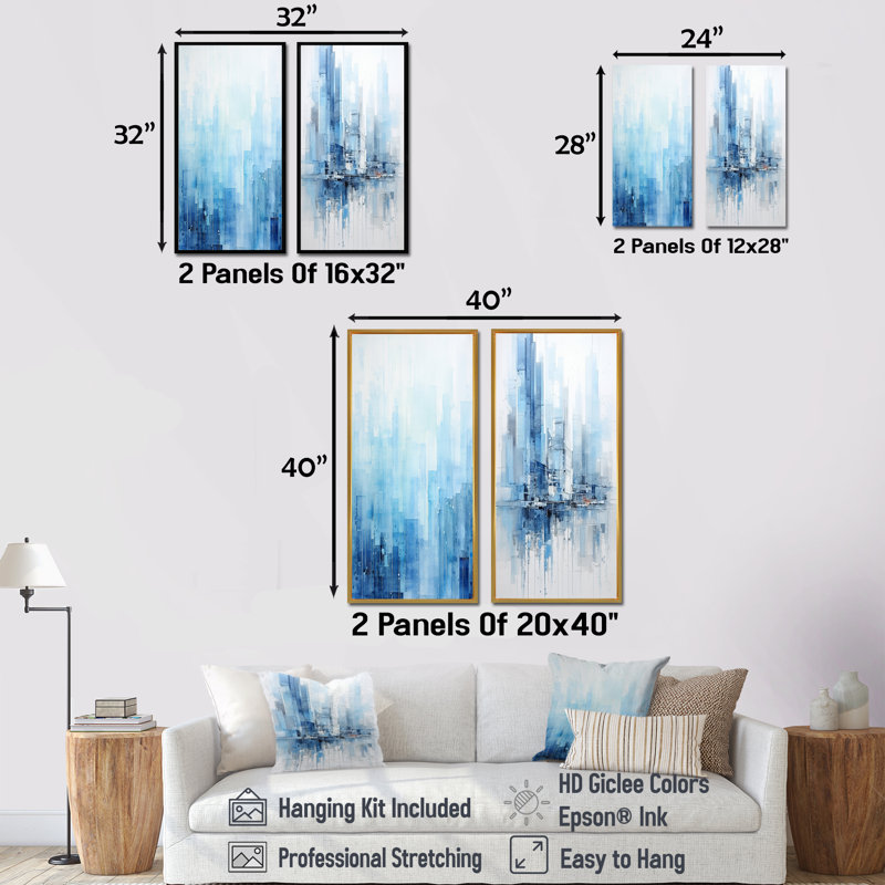 «Azure Ascent Skycrapers Harmony», ensemble d'art mural abstrait sur toile, H 32 po x l 33 po, Toile tendue
