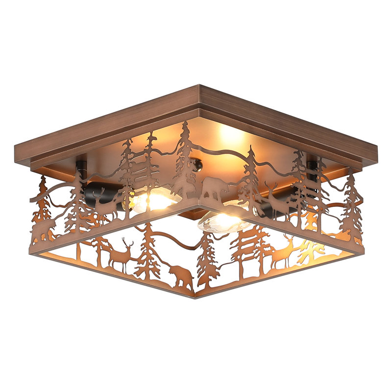 2- Light Rustic Black Square Flush Mount Ceiling Light Fixture, Bronze