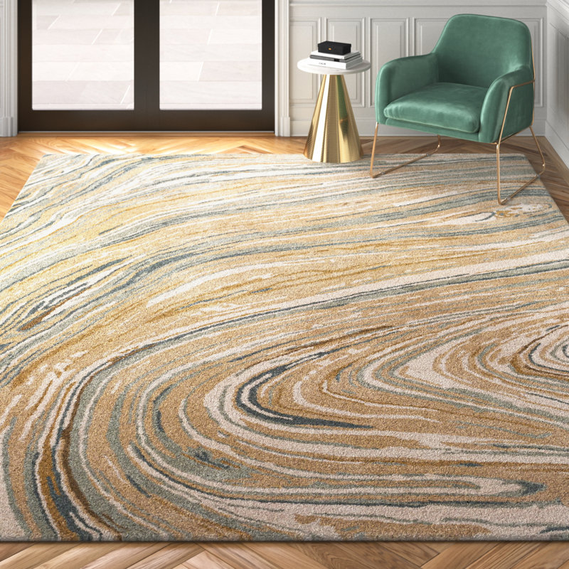 Samantha Abstract Handmade Tufted Wool Camel/Teal Area Rug, Rectangle 10' x 14'