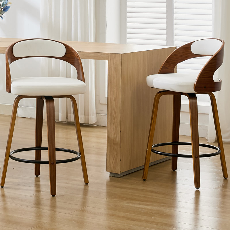 Modern Faux Leather Swivel 30'' Bar Stools, Bucket Seat Bar Stools with Wood Frame, White, Bar Stool (30" Seat Height)