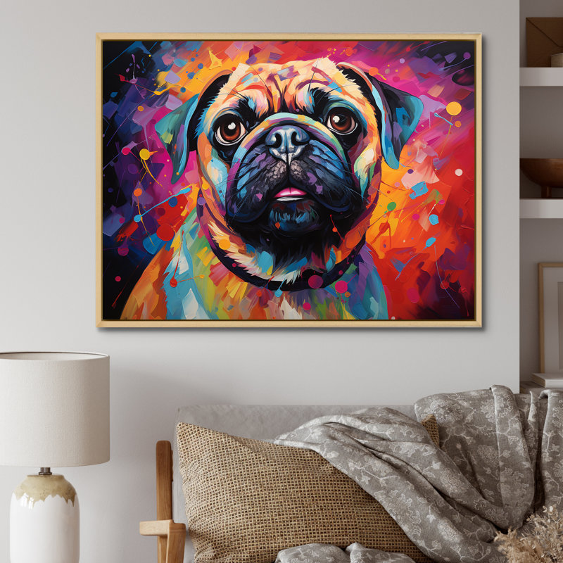 «Popart Pug Parade III», reproduction sur toile, Cadre naturel flottant, H 30 po x l 40 po x P 1,5 po