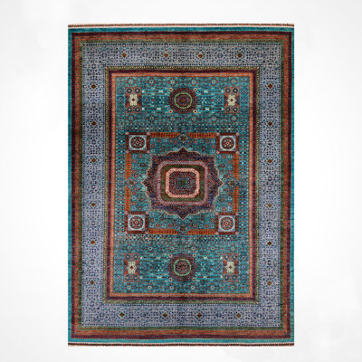 Original Hand Knotted Mamluk Pattern Teal Wool and Cotton Rug
