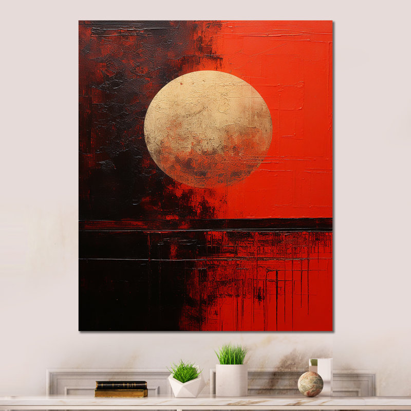 «Gold and Red Moon Scarlet Sphere» sur, H 40 po x l 30 po x P 1,5 po