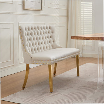 Banc double rembourré en velours avec boutons faits à la main et pieds robustes, idéal pour les espaces de salle à manger modernes Mid-Century