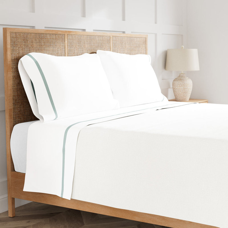 Ready-To-Bed 2.0 Cotton & Trim Sheet Set, White/Aqua, Queen Sheet Set with 2 Pillowcases