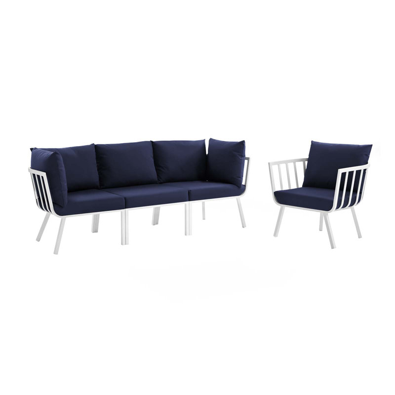 Ensemble de patio d'extérieur en aluminium 4 pièces Riverside par Modway, Bleu marine, Blanc