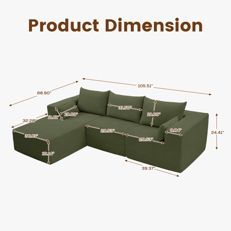 Compression Modular and combinable L-shaped Boneless sofa, Green Polyester Blend