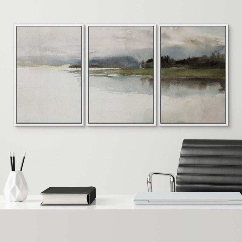 Mountains And Rivers " Tranquil Waterscape Serene Lake Calming Watercolor Scenery Illustration Rustic Artwork Ultra " 3 - Pieces
