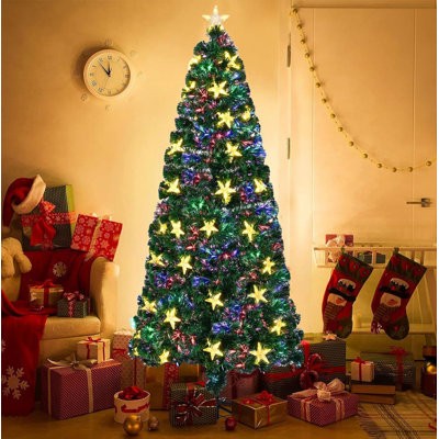 Arbre de Noël en fibre optique 6 pi avec de grandes étoiles, arbre de Noël artificiel épinette avec lumières en fibre optique à changement de couleur, avec support en métal, arbre complet pour la décoration des Fêtes