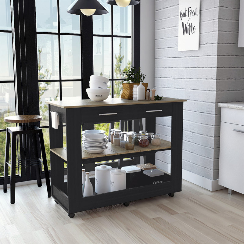 Îlot de cuisine polyvalent avec de nombreuses options de rangement et de mobilité, Noir / brun