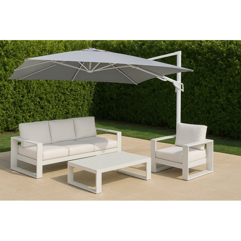 aluminum cantilever patio umbrella gray Domi Double Top, Heavy-Duty Frame / 9'x9' Enjoy a chilled cocktail in the hot sun Sunbrella Cantilever Umbrella 360 Tilt