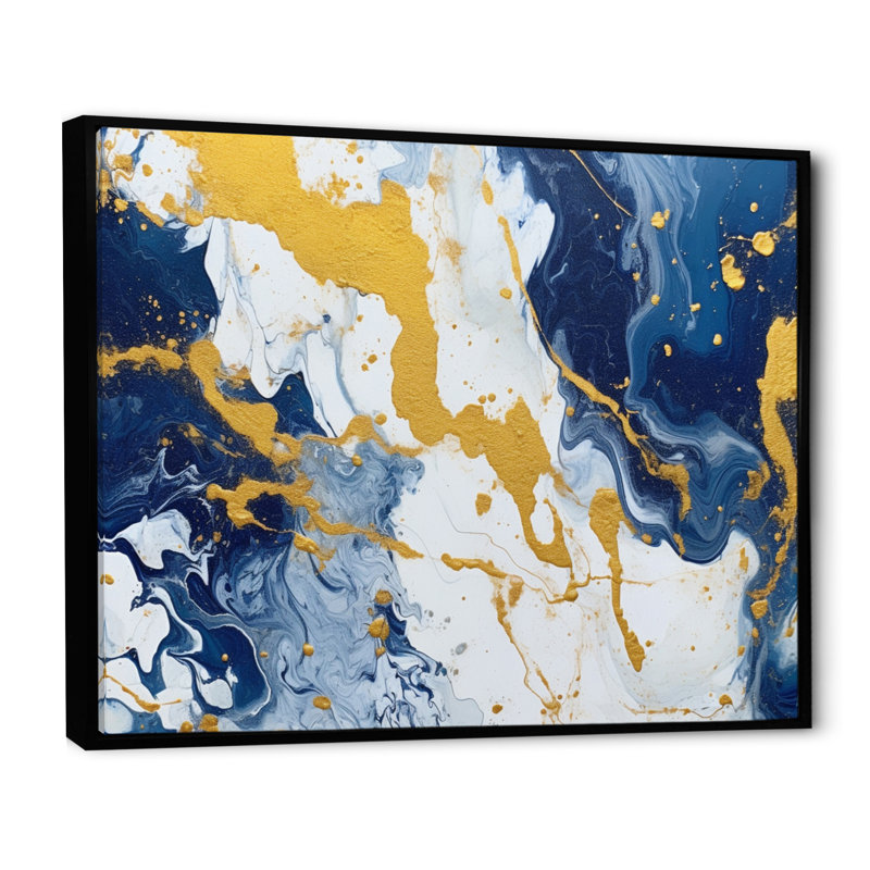 Bleu et or, art abstrait fluide de luxe, art mural fractal pour salon, H 16 po x l 32 po x P 1 po, Cadre flottant noir