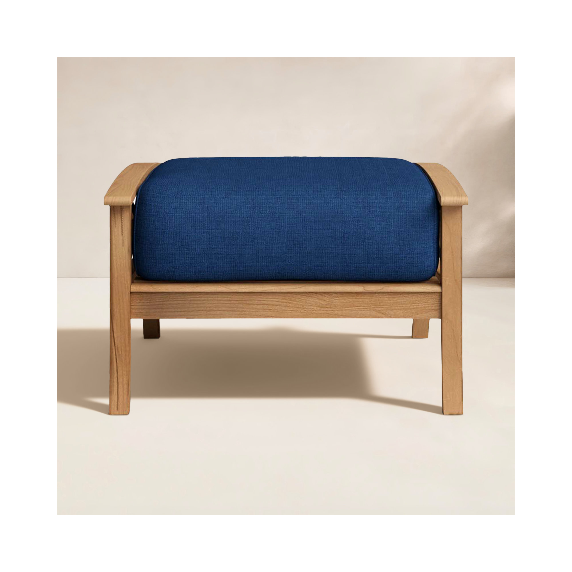 Brunswick Outdoor Teak Ottoman with Cushion, Navy Performance Olefin, Natural
