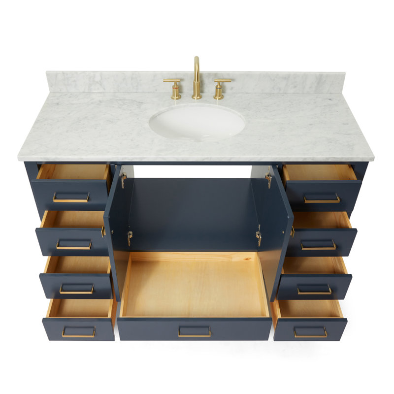Flynt 55'' Single Bathroom Vanity with Carrara Marble Top, Midnight Blue