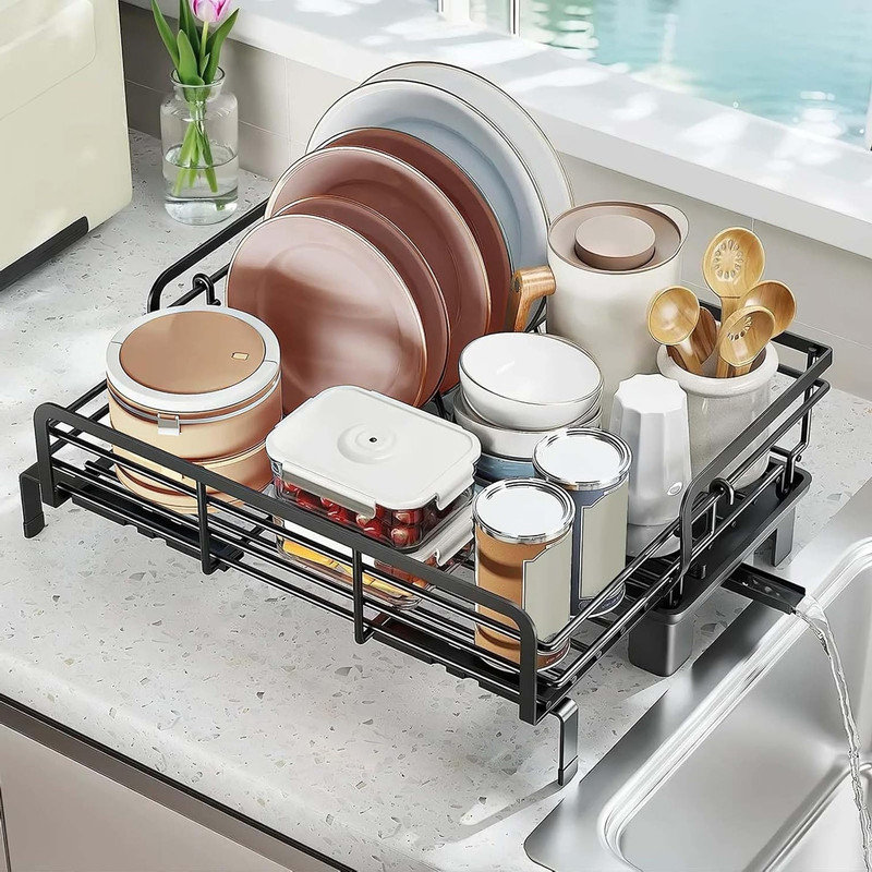 Carbon Steel Dish Drainer Rack Black Retractable with Removable Drain Drip Tray