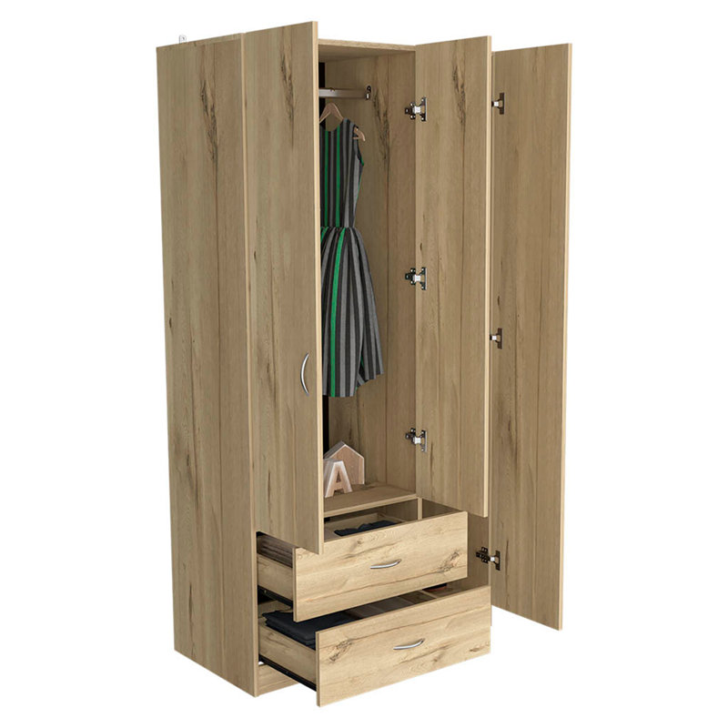 Armoire Ferrante avec trois tiroirs, cinq tablettes et tringle, rangement de chambre à coucher moderne, Chêne clair