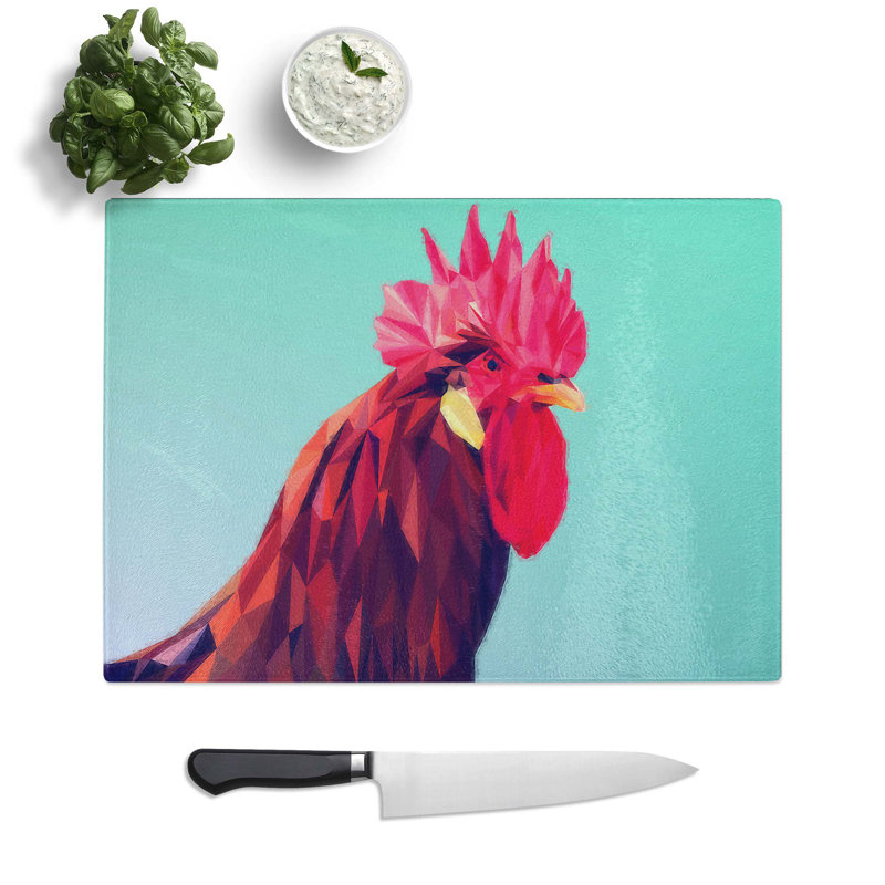 Glass Geometric Rooster in Abstract Chopping Board, 28.5 cm W x 20 cm L