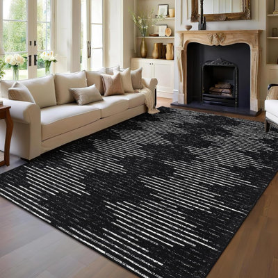 Washable Diamond Stripes Rug, Non-Slip Soft Carpet for Living Room, Bedroom, Nursery, Office, Black & White
