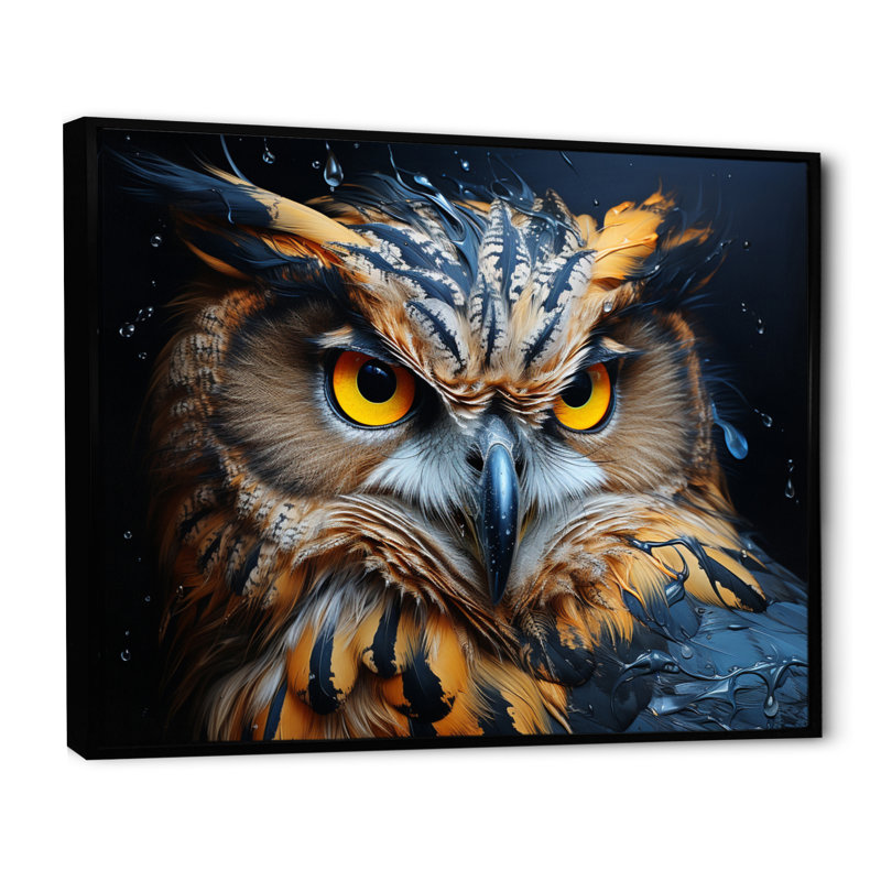 Hibou jaune hypnotisant III, Cadre flottant noir, H 24 po x l 32 po x P 1 po