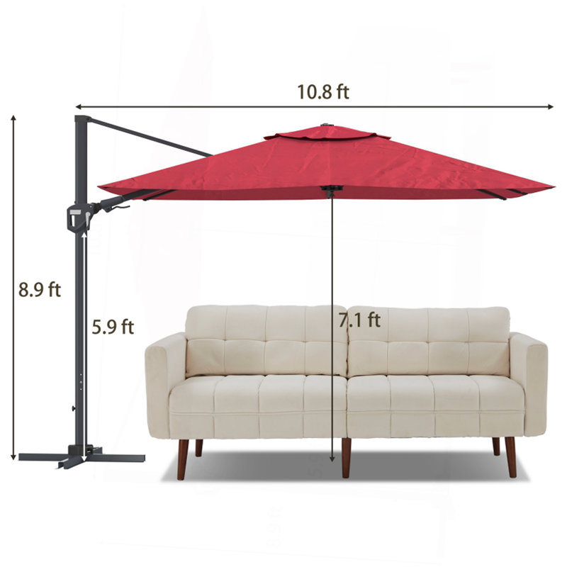 Parasol carré en porte-à-faux 11 pi en rouge (sans base de parasol)