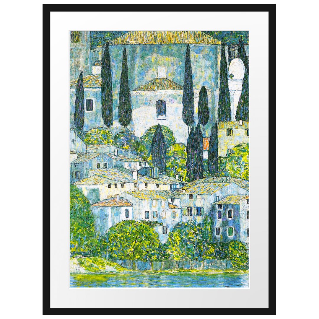 Glasbild Gustav Klimt - Kirche in Cassone Landschaft mit Zypressen